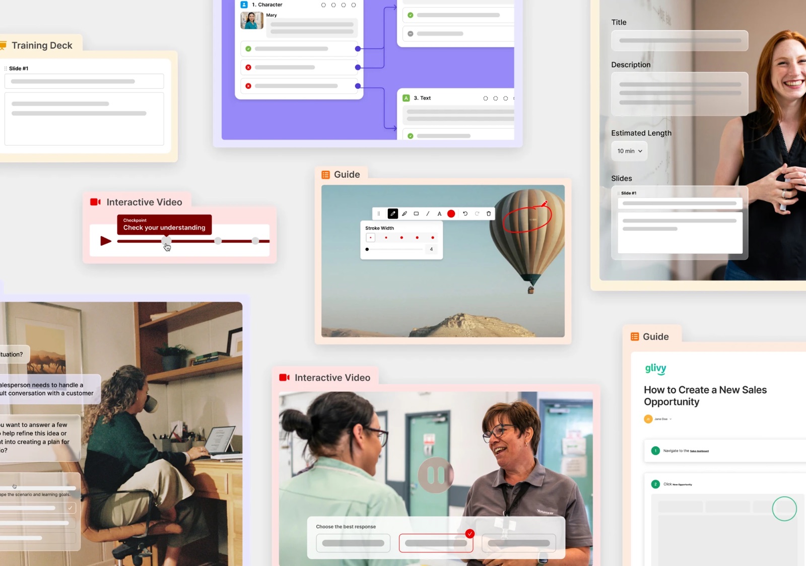 A collage of Articulate’s AI creation formats: Training Deck, Guide, Interactive Video and a branching scenario with character dialogue