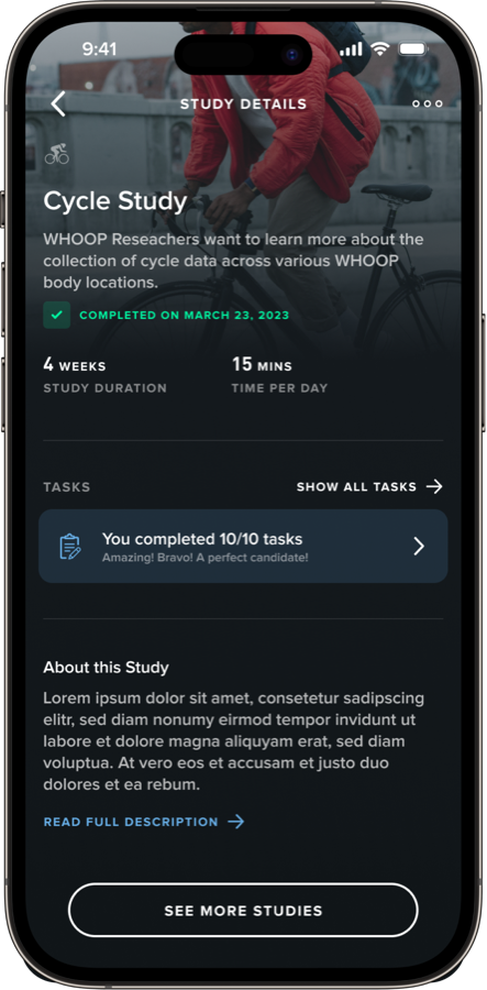 A WHOOP Labs cycle study inviting members to take part in research