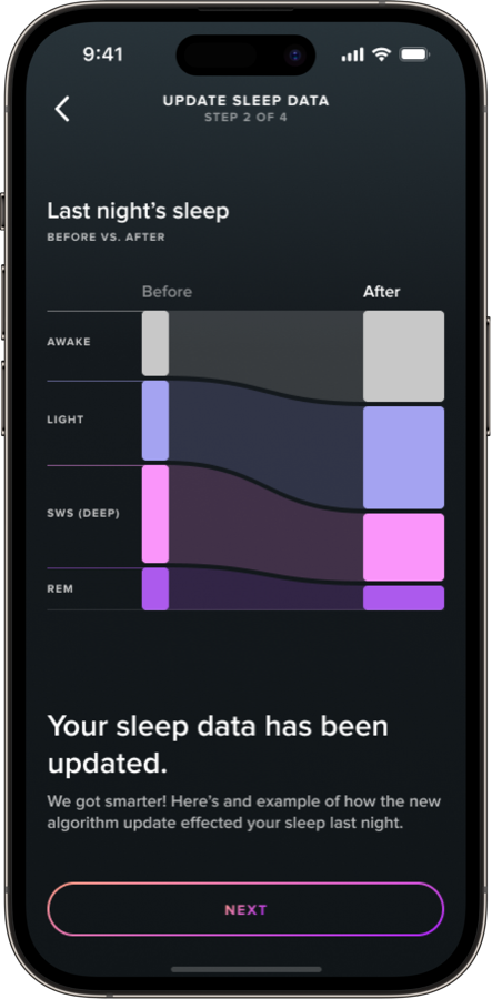 An interactive education step explaining an update to sleep data