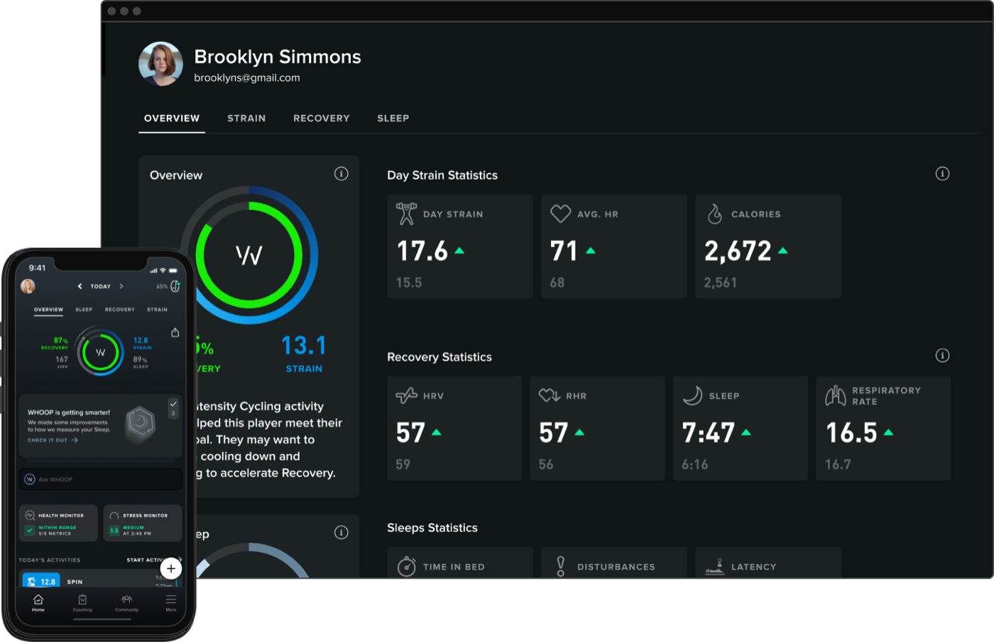 WHOOP Unite dark mode screens across web and mobile