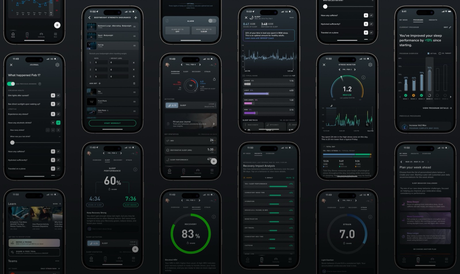 A grid of WHOOP app screens in dark mode: journal, workouts, sleep, recovery, strain, stress monitor and weekly plans