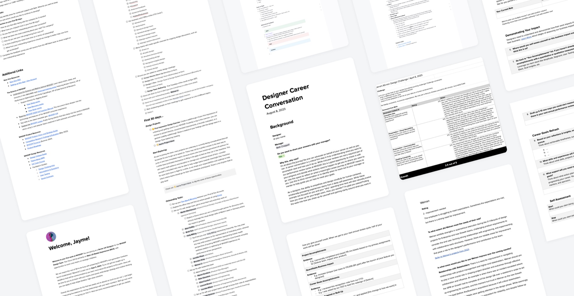 A spread of management documents: onboarding guides, career conversation worksheets and performance rubrics