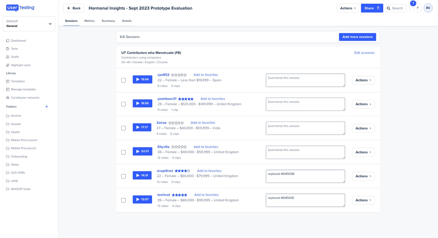 A UserTesting study dashboard listing recorded sessions