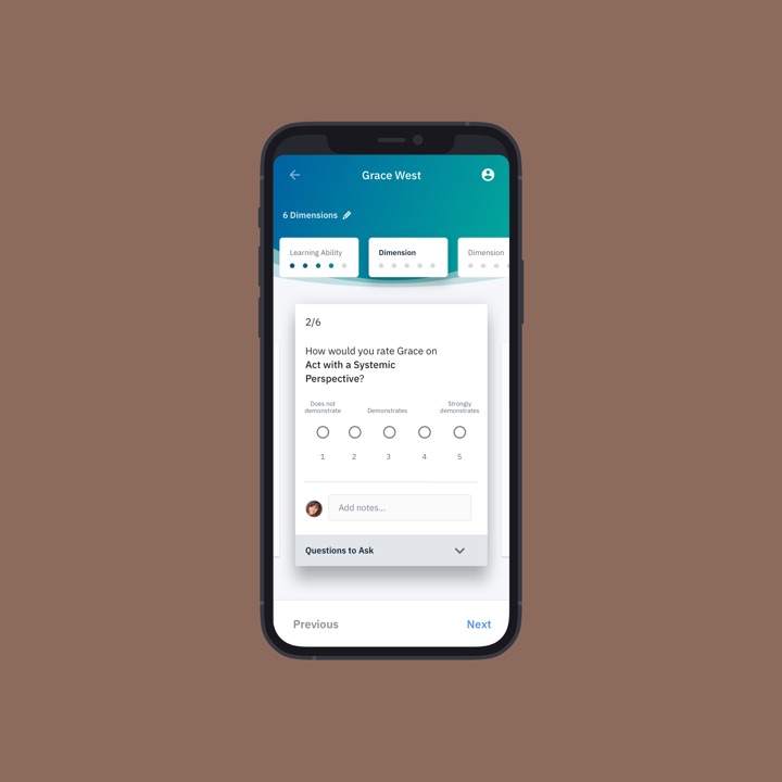 A phone showing Select for IBM rating a candidate on one interview dimension