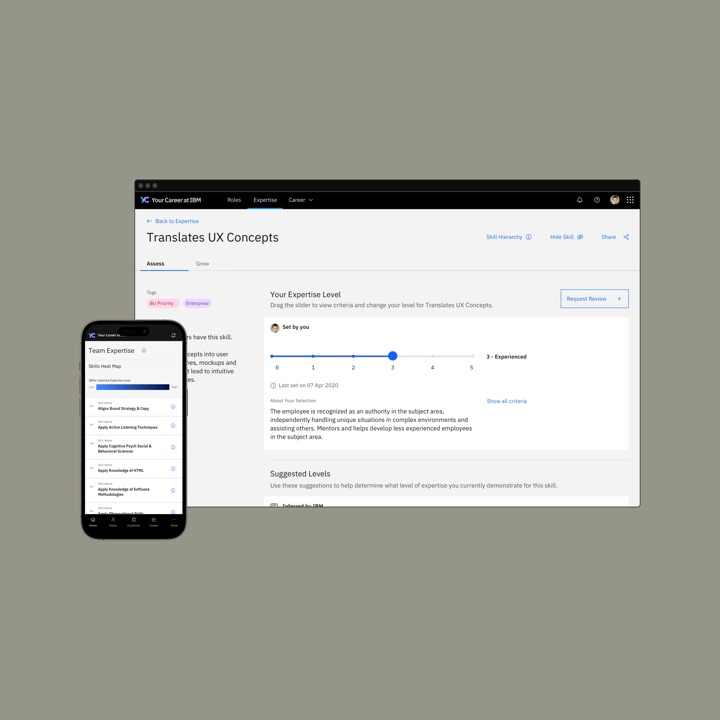 A laptop and phone showing Your Career at IBM rating expertise in a skill